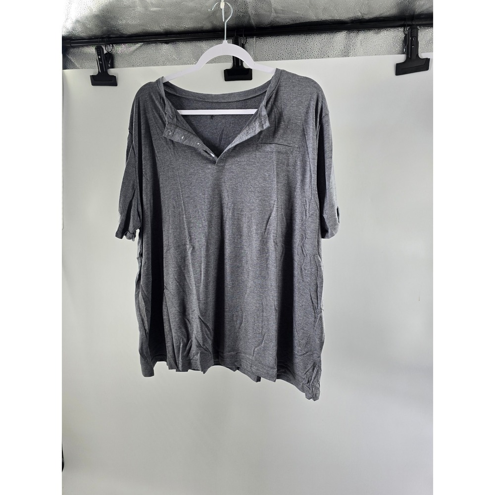 Mens Gray Short Sleeve Henley‎ Shirt 4XL Plus Size Faux Pocket Heathered Tee